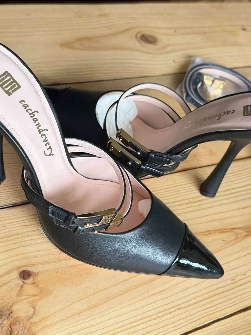 Black Pointed Leather Mule Heels with Double Strap and Gold Accent